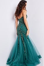 Back view of Jovani 37412 emerald dress showcasing intricate beadwork and flowing tulle.