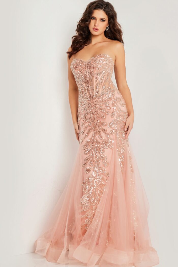 Model wearing Jovani 37412 blush gown with embellished bodice and strapless neckline