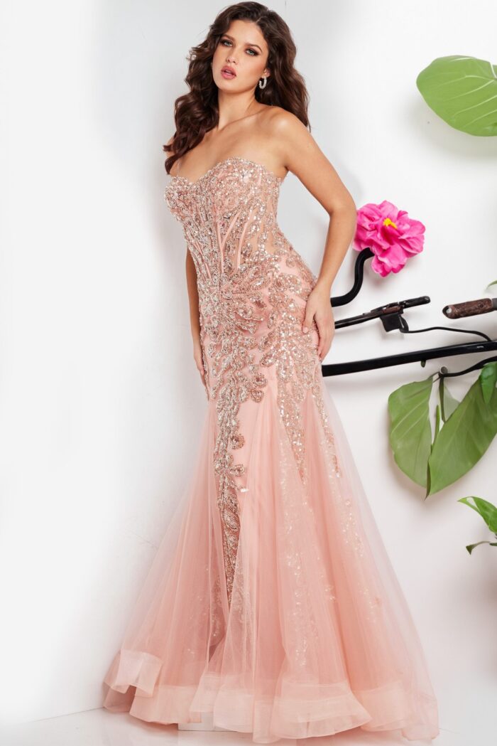 Model wearing Jovani 37412 blush gown with sweetheart neckline