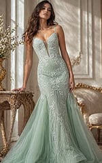 strapless mint prom dress front view with structured bodice and a-line skirt
