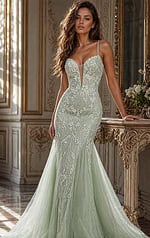 classic prom dress front view with fitted bodice and flowing skirt