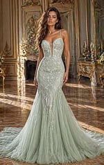 elegant satin evening gown with clean silhouette and soft mint color