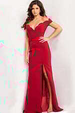 Model wearing Jovani 37147 red gown, full-length front view with high slit.
