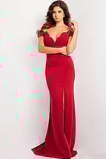 Model wearing Jovani 37147 red gown, front view with elegant silhouette.