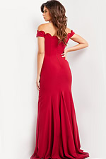 Model wearing Jovani 37147 red gown, back view showing off-the-shoulder design.