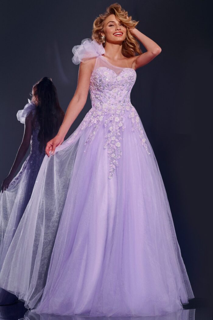 Model styled in Jovani 37427 lilac dress with tulle skirt and illusion neckline.