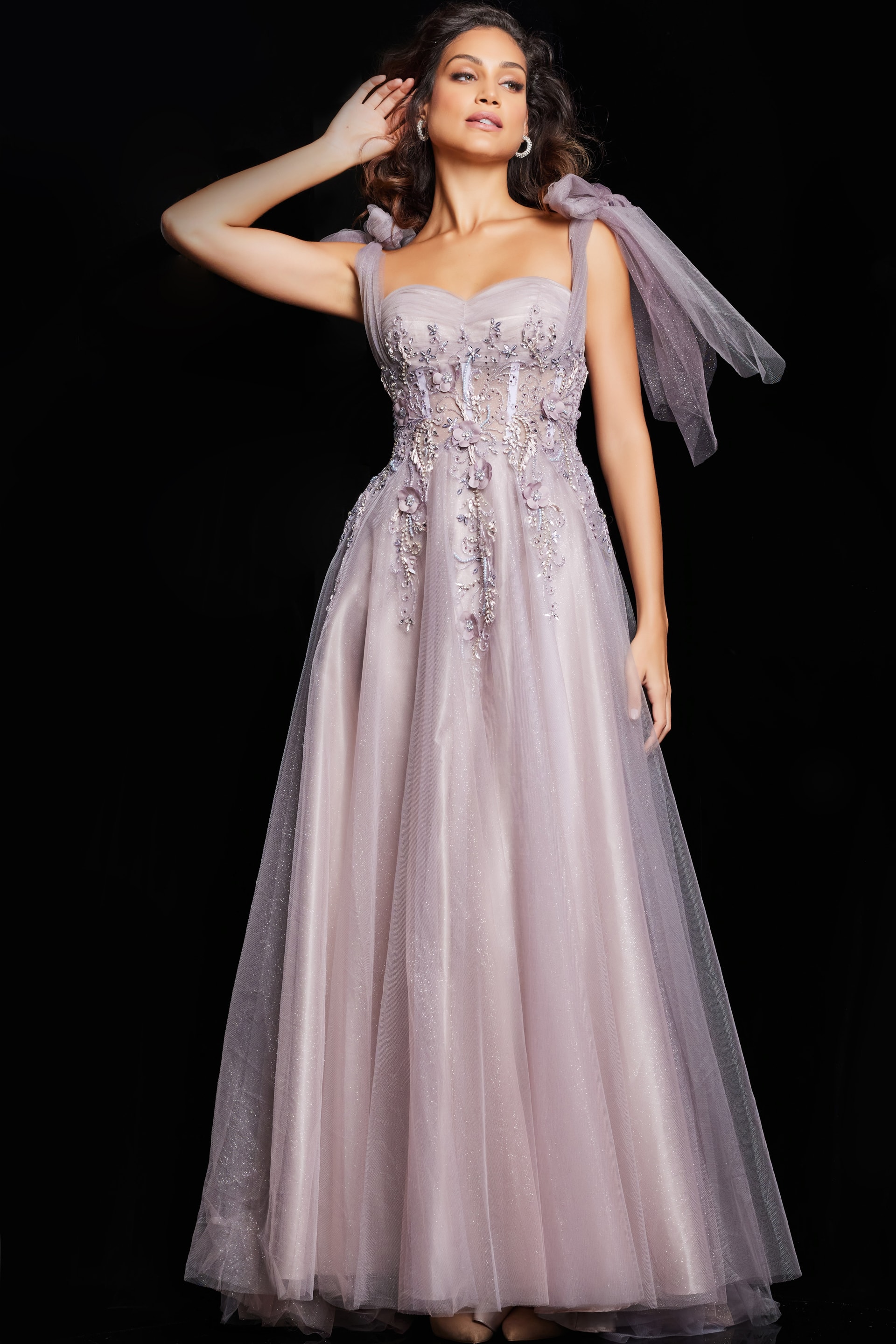 37467_MAUVE_33.jpg model wearing 37467 elegant blush gown with sweetheart neckline and floral details