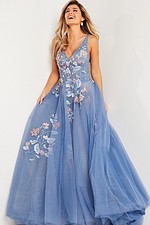 Blue Floral Appliques V Neck Ballgown 37468 | Jovani