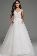 Model wearing Jovani 37468 elegant white gown with V-neckline and floral embellishments.