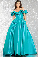 Model wearing Jovani 37476 aqua gown, elegant front shot.