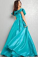 Model wearing Jovani 37476 aqua gown, back view.