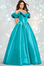 Model wearing Jovani 37476 aqua gown, full front view.