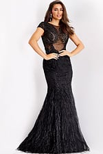 Beaded Feather Mermaid Gown with Sheer Illusion Bodice 37542