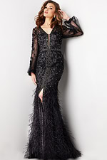 model wearing Jovani 37558 black dress with V-neck and embellishments