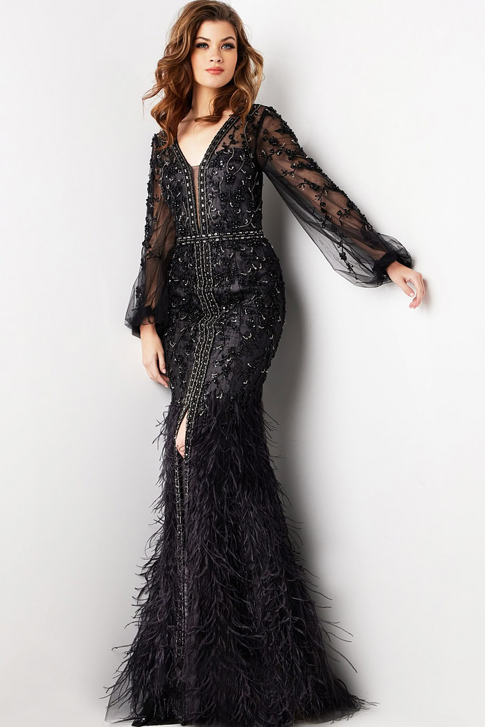 long sleeve black dress with feather hem Black Feather Skirt Long Sleeve Gown 37558