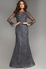 Model presents Jovani 37560 with its intricate sequins and feathered details on a long gray dress.