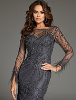 Model in Jovani 37560, showcasing the exquisite beadwork and high neckline of the gray gown.