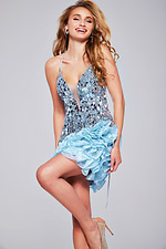 Model wearing Jovani 37587 blue dress with plunging neckline and ruffles front view