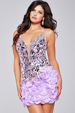 Model wearing Jovani 37587 lilac dress with sequins and ruffles frontal close-up