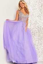 model wearing 37589 lilac dress, front view with embellished bodice
