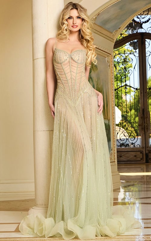 Model wearing Jovani 37593 elegant front view of floor-length gown with sweetheart neckline in light mint.