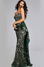 Model wearing Jovani 37599 dark green dress, side view highlighting the silhouette.