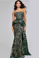 Model wearing Jovani 37599 dark green floor-length dress with strapless neckline and leaf patterns, front view.