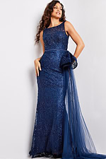Model wearing Jovani 37602 navy dress with lace detail and bateau neckline