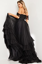 back view of model wearing Jovani 37608 off-the-shoulder black gown
