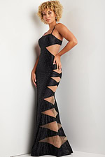 Model wearing Jovani 37618 black dress with side cutouts