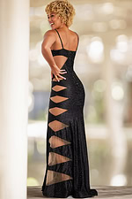 Back view of model in Jovani 37618 black dress with side cutouts