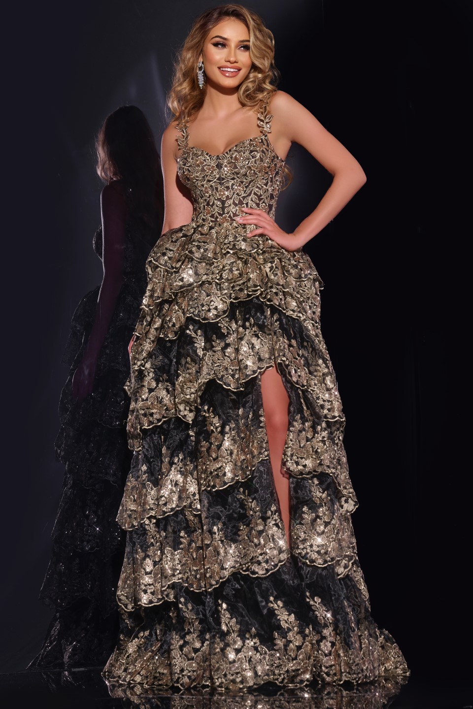 パーティードレス Anaya Lace Peplum Sequin Detail Gown Black Layered Ballgown 37630 | Jovani