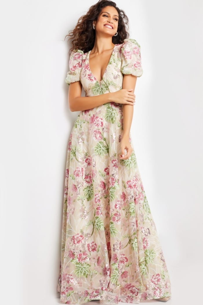 short a line jovani floral print v neck party dress Multi Color Sleeve 37636 Evening dresses Category:DAY Floor Length Gown for Color:Sky
