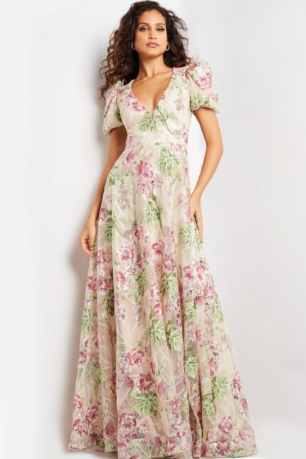 Model wearing Jovani 37636 multi-colored dress with deep V-neckline and puff sleeves in front view.