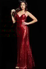 Model wearing Jovani 37648 red gown with fitted silhouette and sequins.