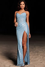 Model wearing Jovani 37649 light blue dress with fitted silhouette, showcasing a high slit.
