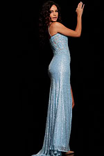Back view of model wearing Jovani 37649 light blue dress with lace detailing.