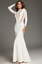 Model showcasing Jovani 37671 side view ivory gown with long sleeves and sheer panels.