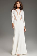 Model wearing Jovani 37671 front view ivory gown with long sleeves and sheer panels.