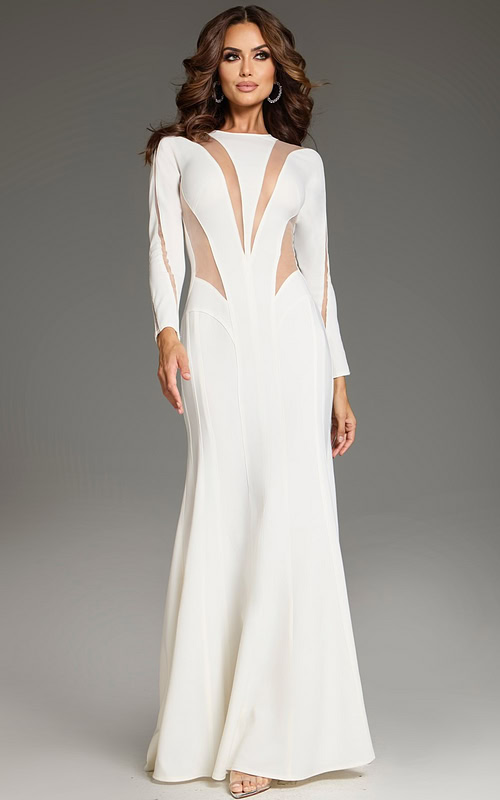 Model wearing Jovani 37671 front view ivory gown with long sleeves and sheer panels.