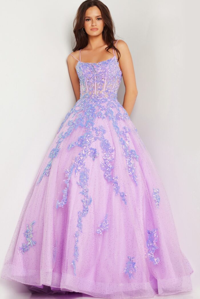 Front view of Jovani 37700 lilac ball gown, highlighting floral appliqué details.