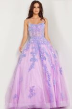 Model wearing Jovani 37700 lilac ball gown, showing detailed front of the dress.