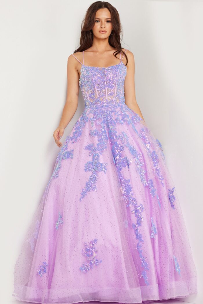 Model wearing Jovani 37700 lilac ball gown, showing detailed front of the dress.