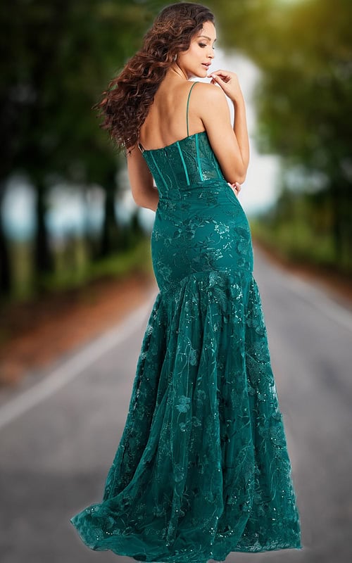 Back view of model in Jovani 38004 dark green dress showcasing elegant flare.