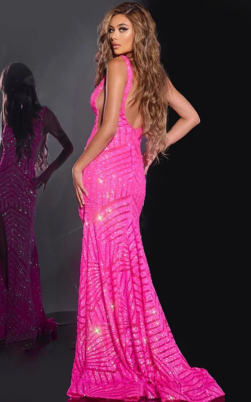 Model wearing Jovani 38053 pink dress viewed from the back showing elegant silhouette.