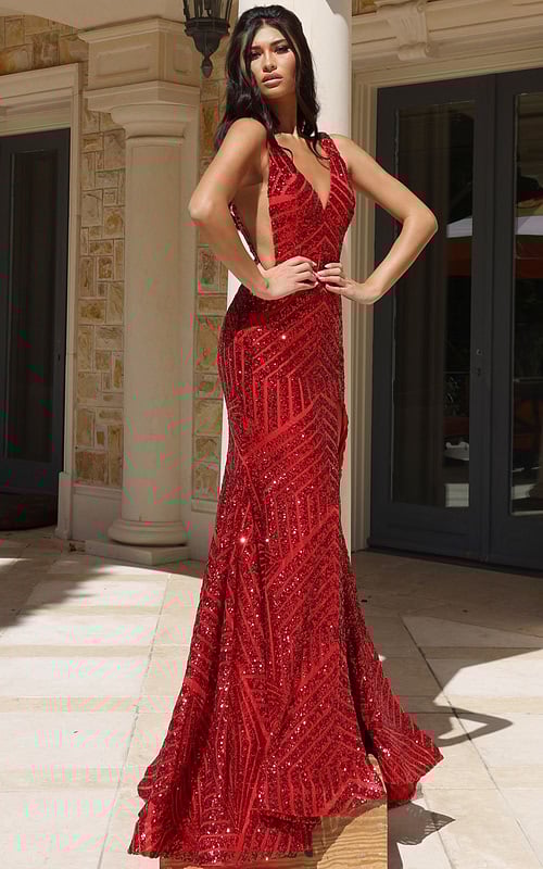 red v neck dress with side sheer panels 38053