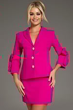 Model wearing Jovani 38081 fuchsia dress, full length from front with decorative buttons.