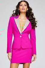 Model wearing Jovani 38082 fuchsia dress with V-neckline, long sleeves.