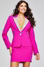 Model wearing Jovani 38082 fuchsia dress with V-neckline and embellished details, front view.