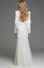 Structured V Neck Jacket Dress With Sheer Floor Length Train